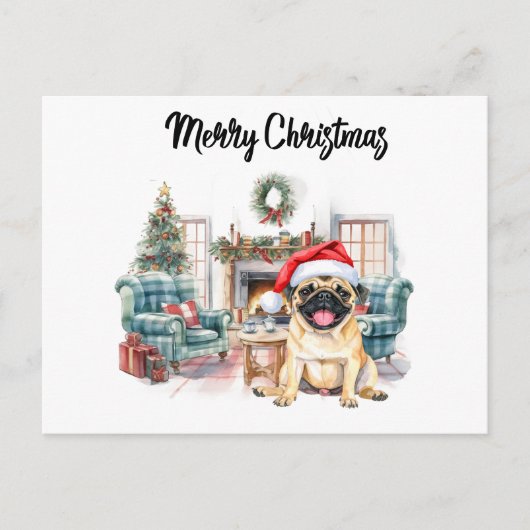 Pug Merry Christmas watercolor ポストカード (正面)