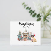 Pug Merry Christmas watercolor Postcard ポストカード (スタンド正面)