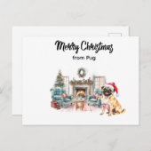 Pug Merry Christmas watercolor Postcard ポストカード (正面/裏面)