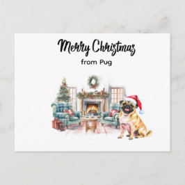 Pug Merry Christmas watercolor Postcard ポストカード