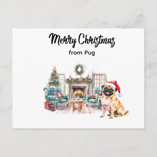 Pug Merry Christmas watercolor Postcard ポストカード (正面)