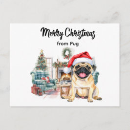 Pug Merry Christmas watercolor Postcard ポストカード