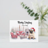 Pug Merry Christmas watercolor Postcard ポストカード (スタンド正面)