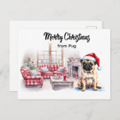 Pug Merry Christmas watercolor Postcard ポストカード (正面/裏面)