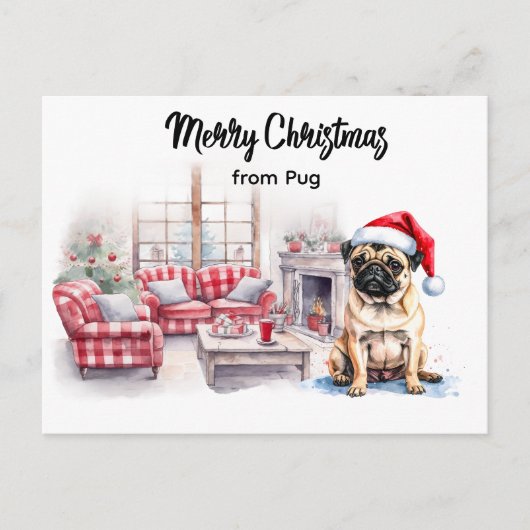 Pug Merry Christmas watercolor Postcard ポストカード (正面)
