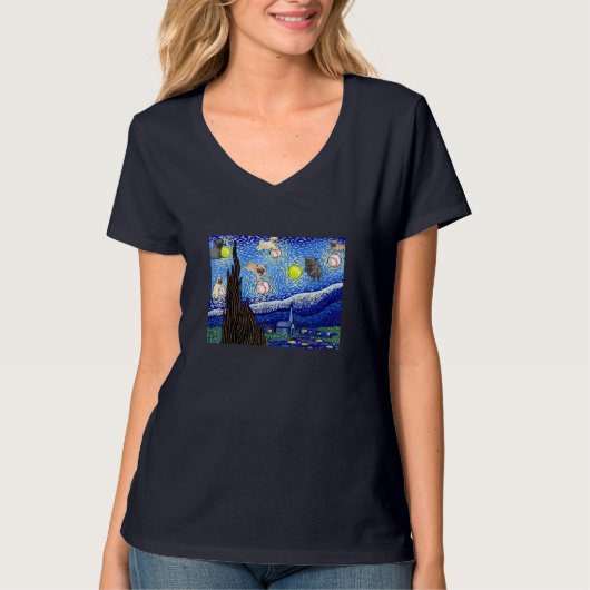 Pug、Pug恋人、星空の夜犬 Tシャツ (正面)