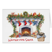 Pug Puppy Christmas Fireplace Wait for Santa (正面横)