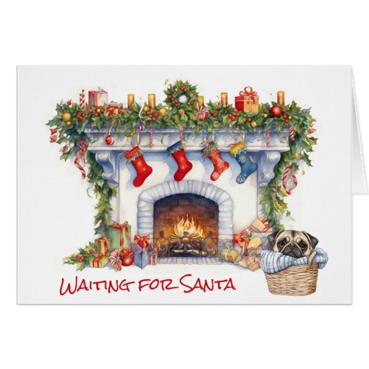 Pug Puppy Christmas Fireplace Wait for Santa (正面横)