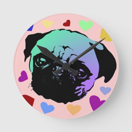 Pug Puppy Dog PopArt Retro Style ラウンド壁時計 (正面)