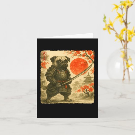 Pug Samurai Japanese Warrior Costume Sumi-e Art Fu カード (黄色い花)