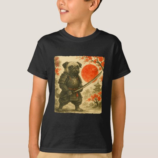 Pug Samurai Japanese Warrior Costume Sumi-e Art Fu Tシャツ (正面)