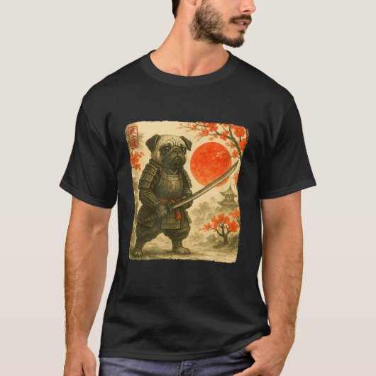 Pug Samurai Japanese Warrior Costume Sumi-e Art Fu Tシャツ (正面)