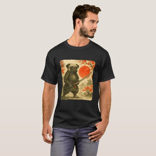Pug Samurai Japanese Warrior Costume Sumi-e Art Fu Tシャツ (正面フル)