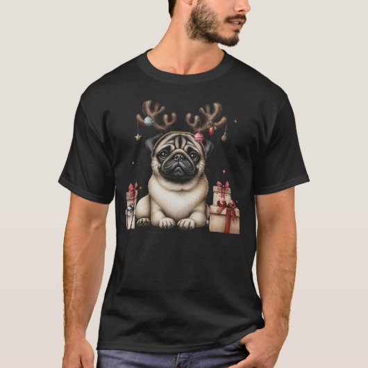 Pug Santa Christmas Tree Lights Xmas Boys Men Dogm Tシャツ (正面)