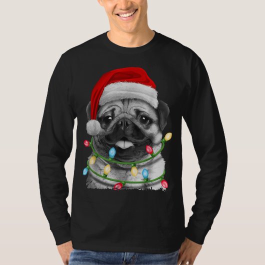 Pug Santa Christmas Tree Lights Xmas Boys Pugmas D Tシャツ (正面)