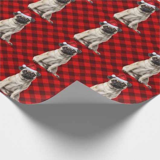 Pug Santa Dog Holiday Red Buffalo Plaid Christmas ラッピングペーパー (角)