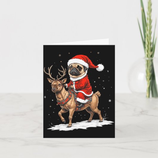 Pug Santa Riding Reindeer Christmas Holiday Puppy  カード (正面)