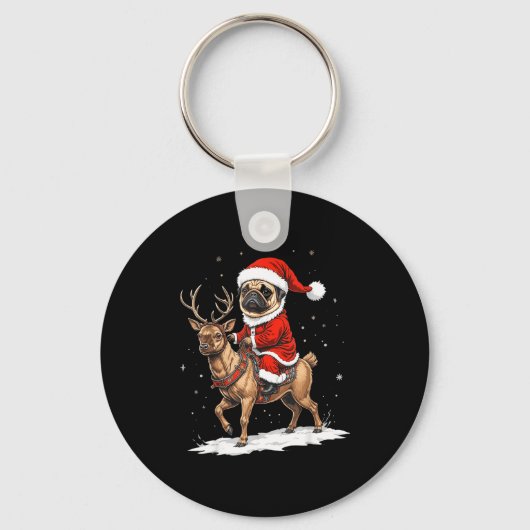 Pug Santa Riding Reindeer Christmas Holiday Puppy  キーホルダー (正面)