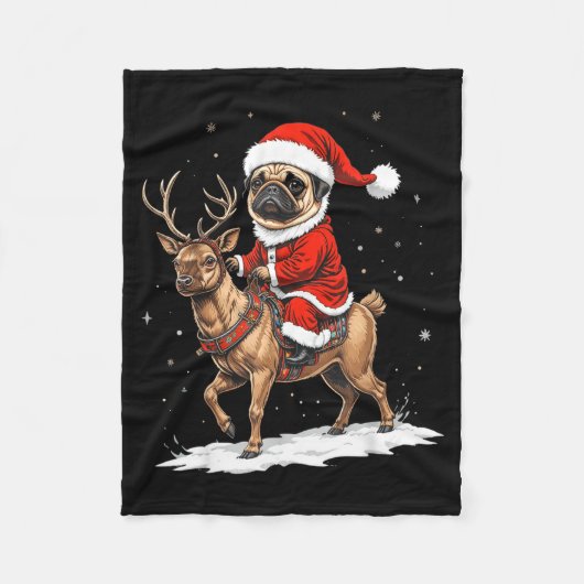 Pug Santa Riding Reindeer Christmas Holiday Puppy  フリースブランケット (正面)