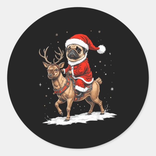 Pug Santa Riding Reindeer Christmas Holiday Puppy  ラウンドシール (正面)
