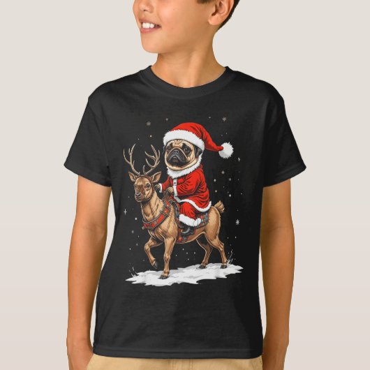 Pug Santa Riding Reindeer Christmas Holiday Puppy  Tシャツ (正面)