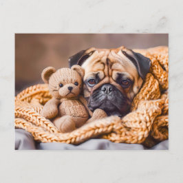 Pug Snuggling with Teddy Bear Blanket ポストカード