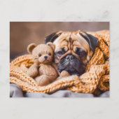 Pug Snuggling with Teddy Bear Blanket ポストカード (正面)