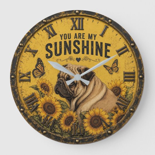 Pug Sunflower You Are My Sunshine Dog Lover Rustic ラージ壁時計 (正面)