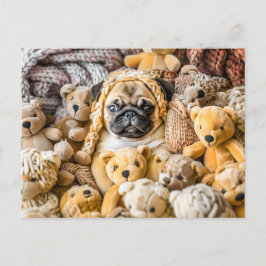 Pug Surrounded by Plush Teddy Bears ポストカード