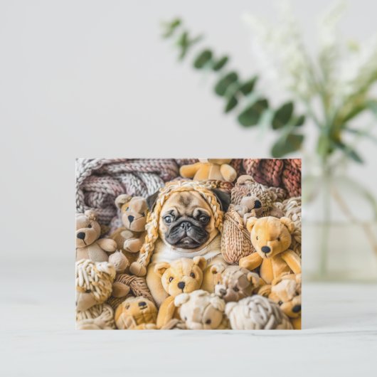 Pug Surrounded by Plush Teddy Bears ポストカード (スタンド正面)