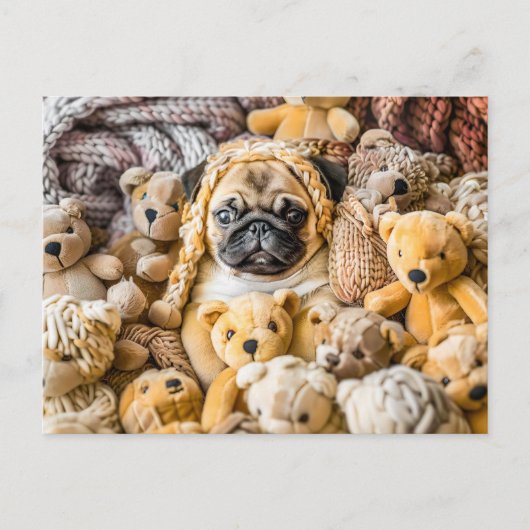 Pug Surrounded by Plush Teddy Bears ポストカード (正面)