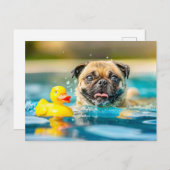 Pug Swimming with Rubber Duck in Pool ポストカード (正面/裏面)