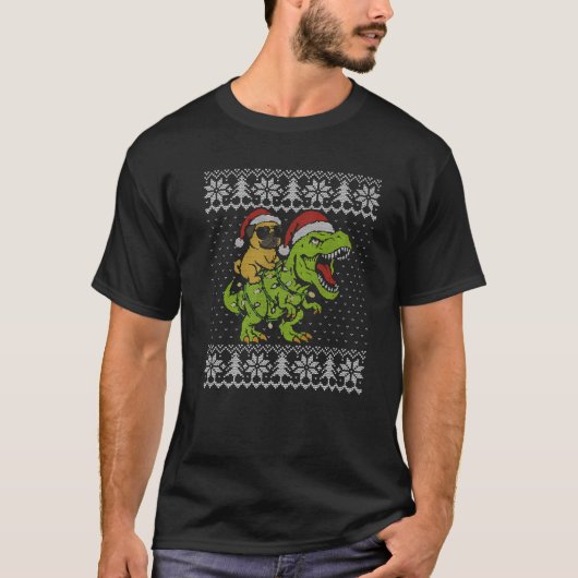 Pug Ugly Christmas Sweater Pug Riding Dinosaur Xma Tシャツ (正面)