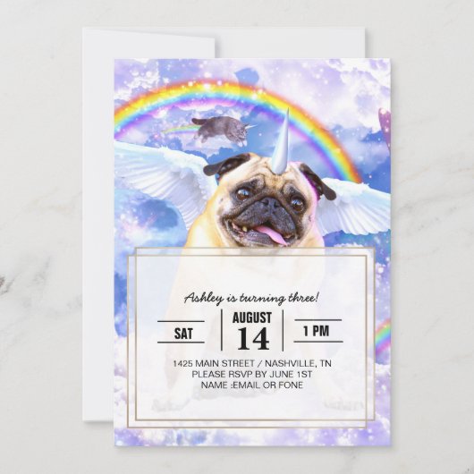 Pug unicorn – かわいいPugicorn 招待状 (正面)