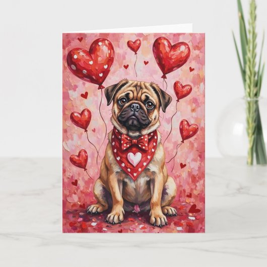 Pug Valentine’s Day Dog with Hearts Red カード (正面)