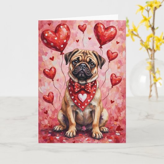 Pug Valentine’s Day Dog with Hearts Red カード (黄色い花)