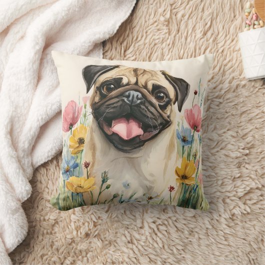 Pug Watercolor Pillow クッション (ブランケット)