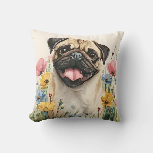 Pug Watercolor Pillow クッション (正面)