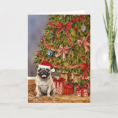 Pug Watercolor Under the Christmas Tree カード (正面)
