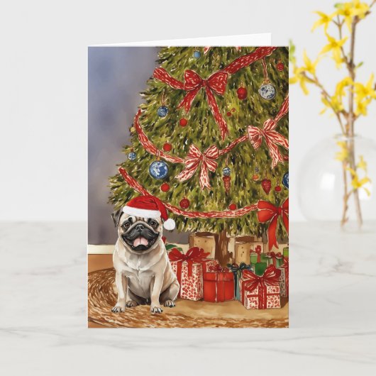 Pug Watercolor Under the Christmas Tree カード (黄色い花)