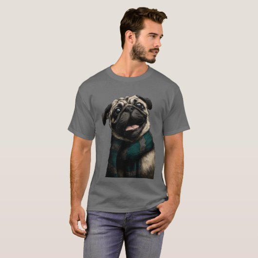 Pug wearing a scarf tシャツ (正面フル)