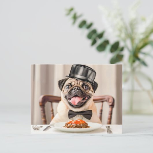 Pug Wearing Hat Sitting at Table ポストカード (スタンド正面)