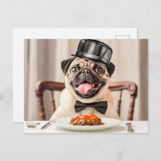 Pug Wearing Hat Sitting at Table ポストカード (正面/裏面)