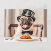 Pug Wearing Hat Sitting at Table ポストカード (正面)
