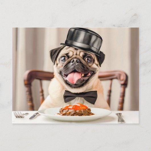 Pug Wearing Hat Sitting at Table ポストカード (正面)