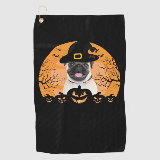 Pug Witch Hat Jack-o-Lantern Dogs Halloween T-Shir ゴルフタオル (正面)