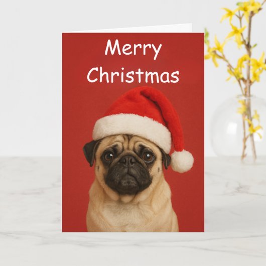 Pug with a Santa hat Custom Christmas Greeting カード (黄色い花)