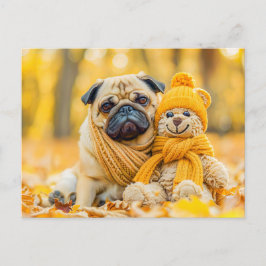 Pug with Plush Toy in Autumn Forest ポストカード