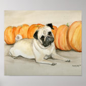 "Pug with Pumpkins" Dog Art Print ポスター (正面)