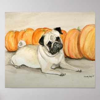 "Pug with Pumpkins" Dog Art Print ポスター